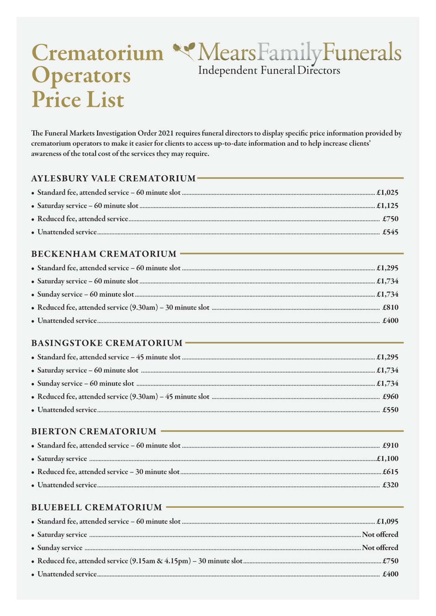 Funeral Service Price Lists Mears Family Funerals Funeral Service Price Lists Mears Family Funerals
