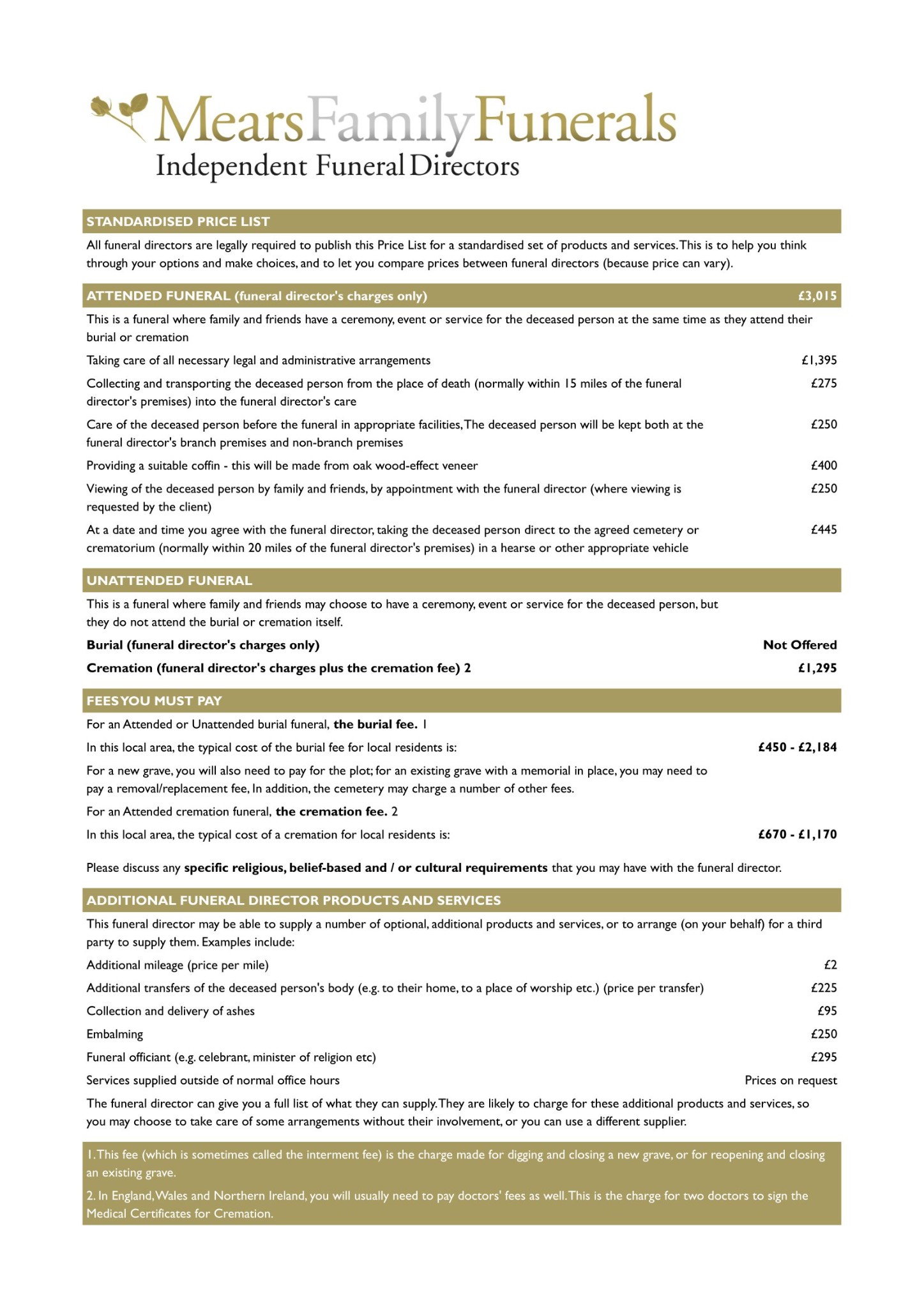 Funeral Service Price Lists Mears Family Funerals Funeral Service Price Lists Mears Family Funerals